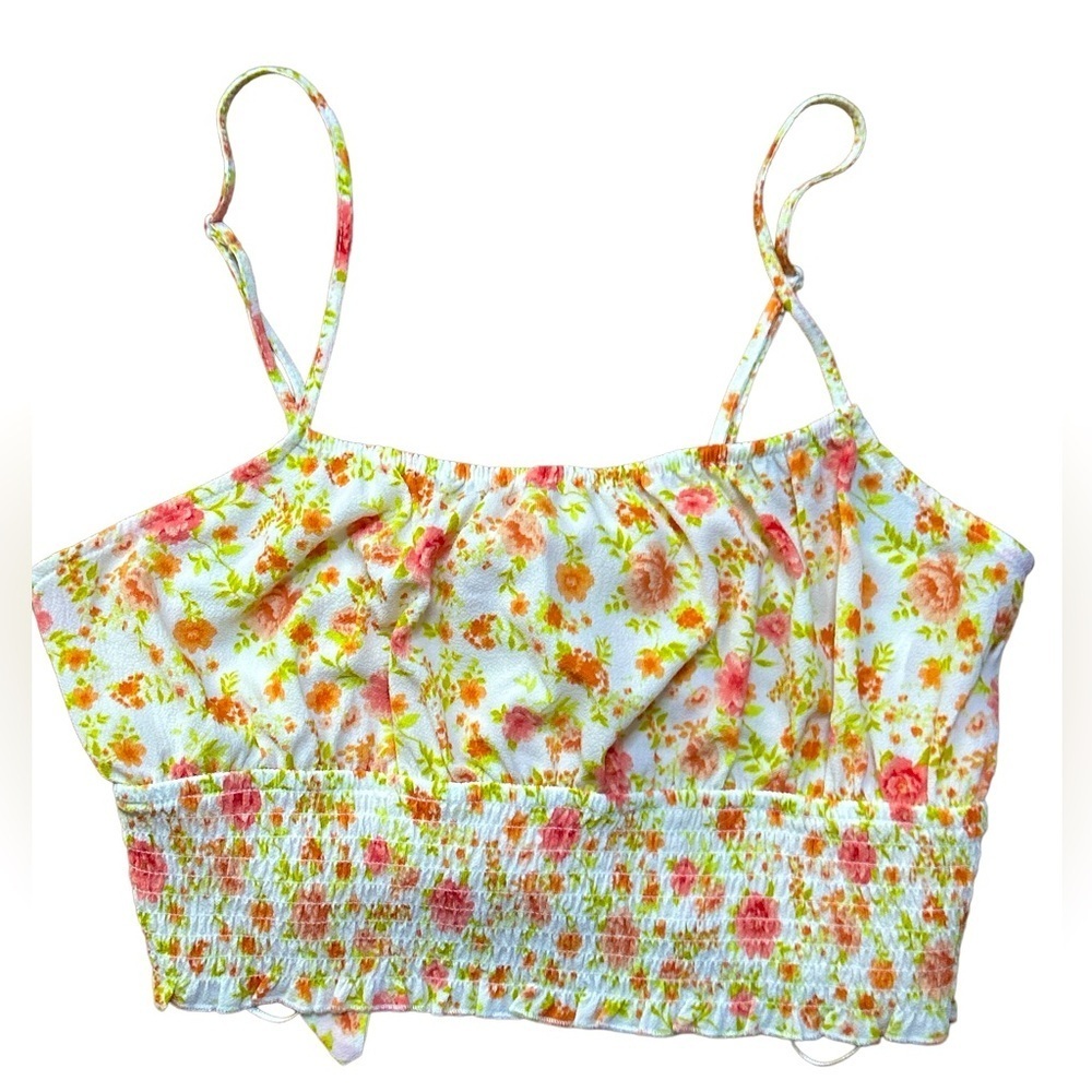 Pink Rose Cropped Elastic Adjustable Shirred Floral W/Bow Top Size Medium NWT - Picture 7 of 8